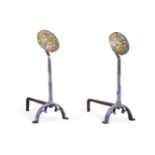 A PAIR OF ARTS & CRAFTS BRASS AND STEEL ANDIRONS