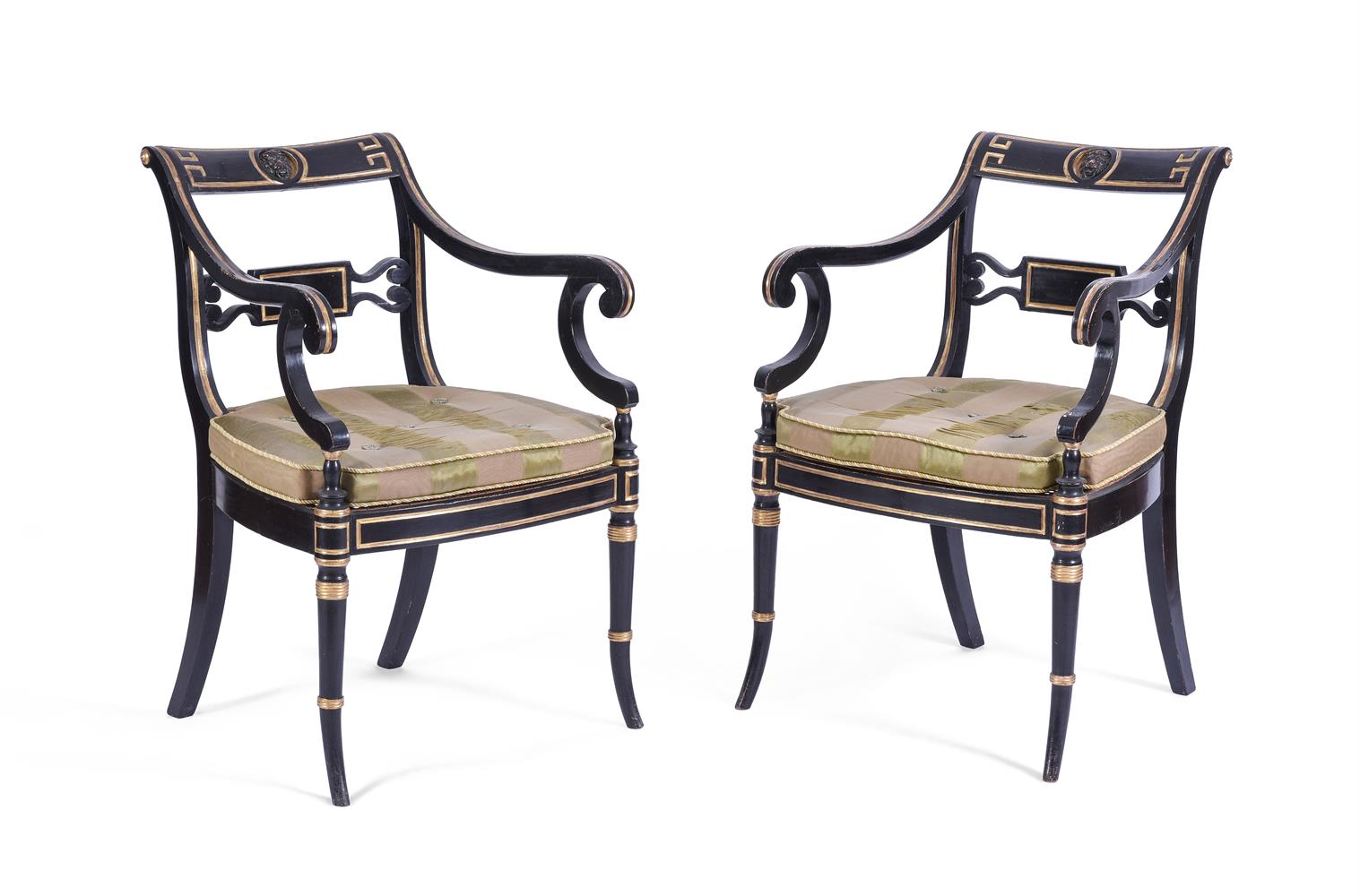 A PAIR OF REGENCY EBONISED AND PARCEL GILT OPEN ARMCHAIRS, IN THE MANNER OF JOHN GEE - Image 4 of 6