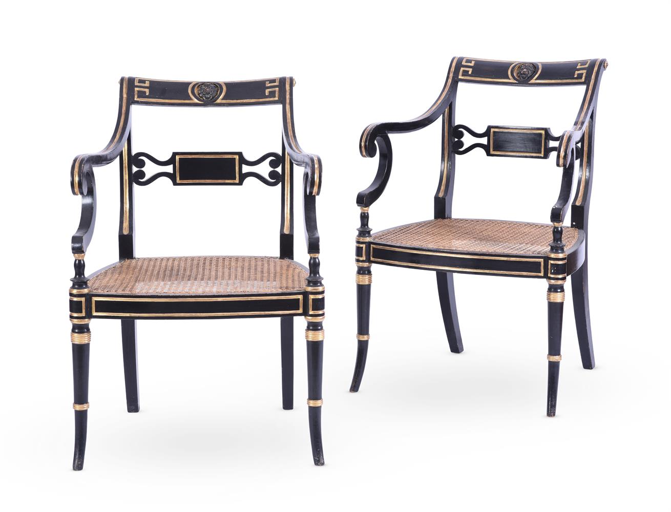 A PAIR OF REGENCY EBONISED AND PARCEL GILT OPEN ARMCHAIRS, IN THE MANNER OF JOHN GEE - Image 2 of 6