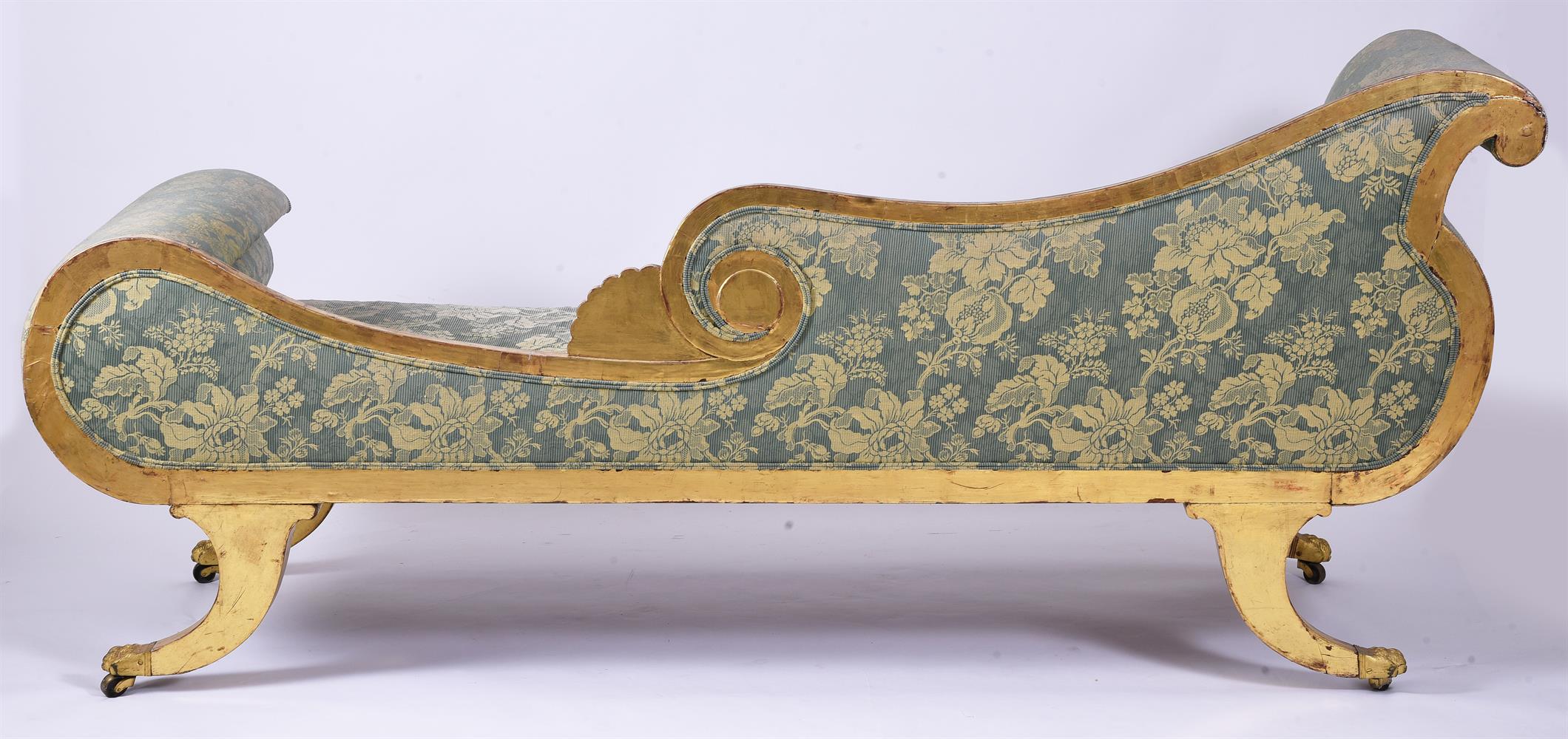 A REGENCY GILTWOOD AND UPHOLSTERED CHAISE LONGUE, IN THE MANNER OF GILLOWS - Image 7 of 8