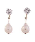 A PAIR OF DIAMOND AND CULTURED PEARL DROP EARRINGS