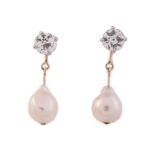 A PAIR OF DIAMOND AND CULTURED PEARL DROP EARRINGS