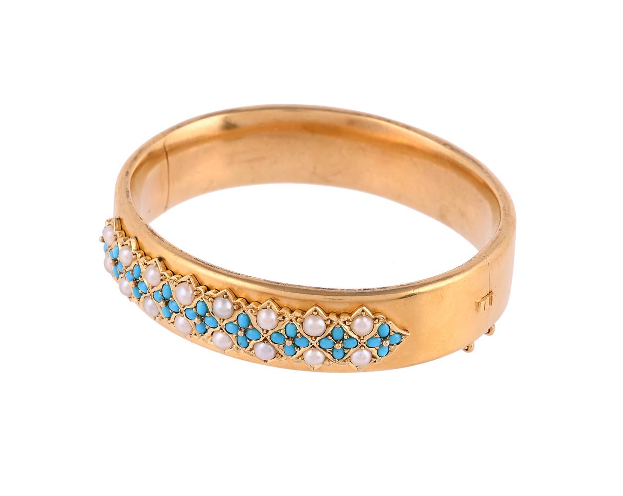 A VICTORIAN GOLD, HALF PEARL AND TURQUOISE SET BANGLE, CIRCA 1870 - Image 2 of 2