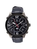 JACOB & CO., A BLACK PVD COATED STAINLESS STEEL WRIST WATCH WITH DATE AND FIVE TIME ZONES