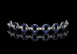 A 1930S FRENCH PLATINUM, SAPPHIRE AND DIAMOND BRACELET