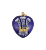 A VICTORIAN SENTIMENTAL HEART SHAPED LOCKET ENAMELLED WITH THE PRINCE OF WALES FEATHERS, CIRCA 1888