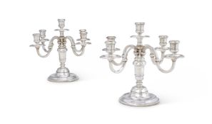 A PAIR OF FRENCH SILVER COLOURED FIVE LIGHT CANDELABRA