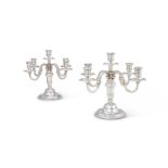 A PAIR OF FRENCH SILVER COLOURED FIVE LIGHT CANDELABRA