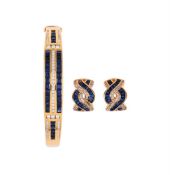 A SAPPHIRE AND DIAMOND HINGED BANGLE AND EAR CLIPS