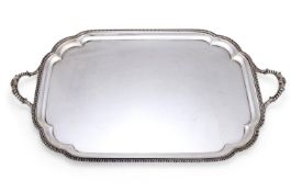 A SILVER SHAPED OBLONG TWIN HANDLED TRAY