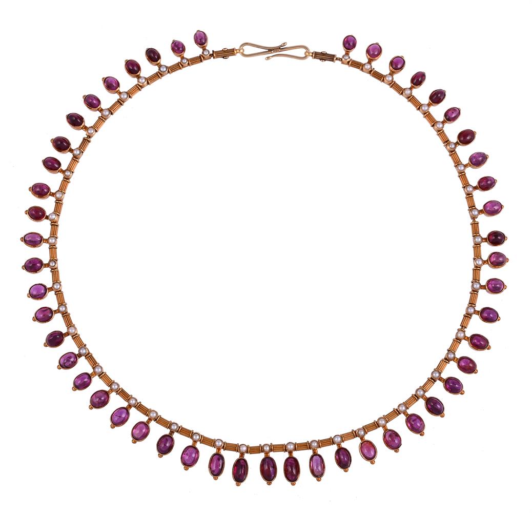 CARLO & ARTHUR GIULIANO, A GOLD, RUBY AND SEED PEARL NECKLACE CIRCA 1900