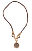 BULGARI, MONETE, AN ANTIQUE COIN, GOLD AND LEATHER NECKLACE, LONDON 1996 IMPORT MARK