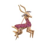 A 1960S FRENCH GAZELLE RUBY, DIAMOND AND SAPPHIRE BROOCH