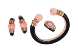 Y BOUCHERON, ONYX, CORAL AND DIAMOND BANGLE, RING AND EAR CLIP SUITE