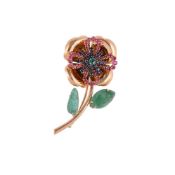 AN EMERALD, SAPPHIRE AND RUBY FLOWER BROOCH