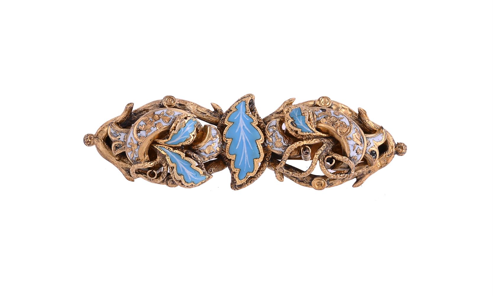 AN ANTIQUE AND LATER GOLD AND ENAMEL BROOCH