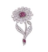 A RUBY AND DIAMOND FLOWER BROOCH