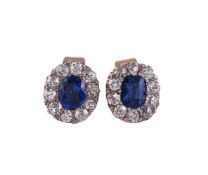 A PAIR OF SAPPHIRE AND DIAMOND CLUSTER EAR STUDS