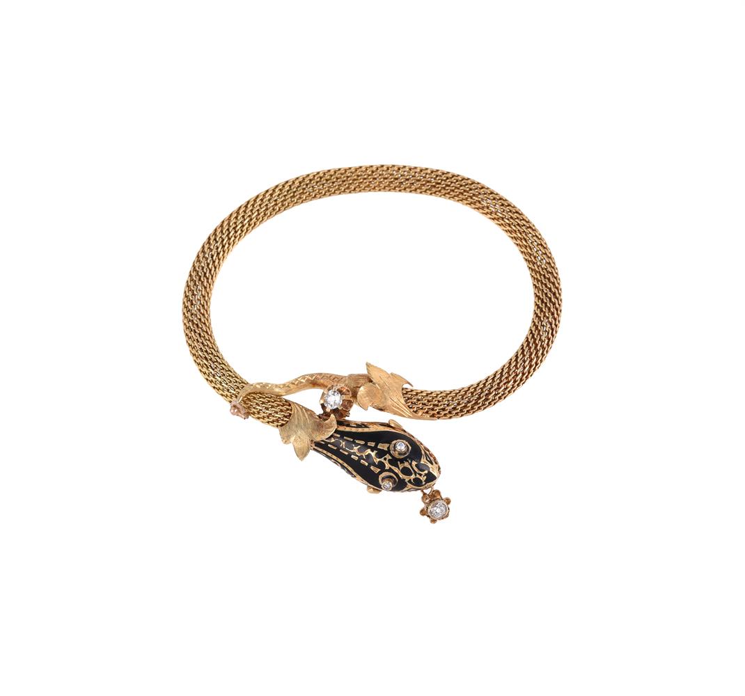 A MID 20TH CENTURY DIAMOND AND BLACK ENAMEL SERPENT BRACELET