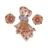 KUTCHINSKY, AN 18 CARAT GOLD, DIAMOND AND RUBY BROOCH AND EAR CLIPS, LONDON 1960 AND 1959