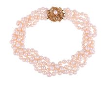 A FOUR STRAND CULTURED PEARL NECKLACE TO A GOLD COLOURED DIAMOND ACCENTED CLASP