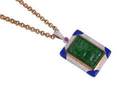 A JADEITE, DIAMOND, RUBY AND LAPIS LAZULI PENDANT