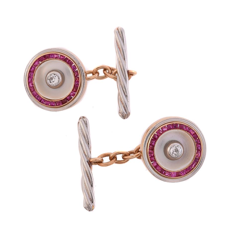 Y A PAIR OF RUBY, MOTHER OF PEARL AND DIAMOND CUFFLINKS