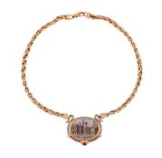 AN 18 CARAT GOLD ITALIAN MICRO MOSAIC AND RUBY PENDANT NECKLACE, LONDON 1988 IMPORT MARK