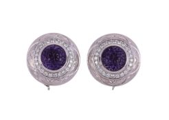 A PAIR OF AMETHYST AND DIAMOND CIRCULAR EAR CLIPS