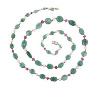 AN EMERALD, RUBY AND PEARL LONG NECKLACE