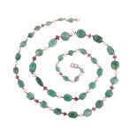 AN EMERALD, RUBY AND PEARL LONG NECKLACE