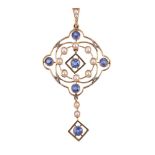 AN EDWARDIAN SAPPHIRE AND HALF SEED PEARL PENDANT, CIRCA 1910