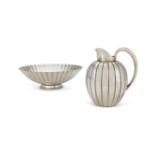 GEORG JENSEN, A DANISH SILVER COLOURED BERNADOTTE STRAWBERRY BOWL AND CREAM JUG