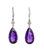 A PAIR OF DIAMOND AND AMETHYST DROP EARRINGS FIRST HALF OF THE 20TH CENTURY