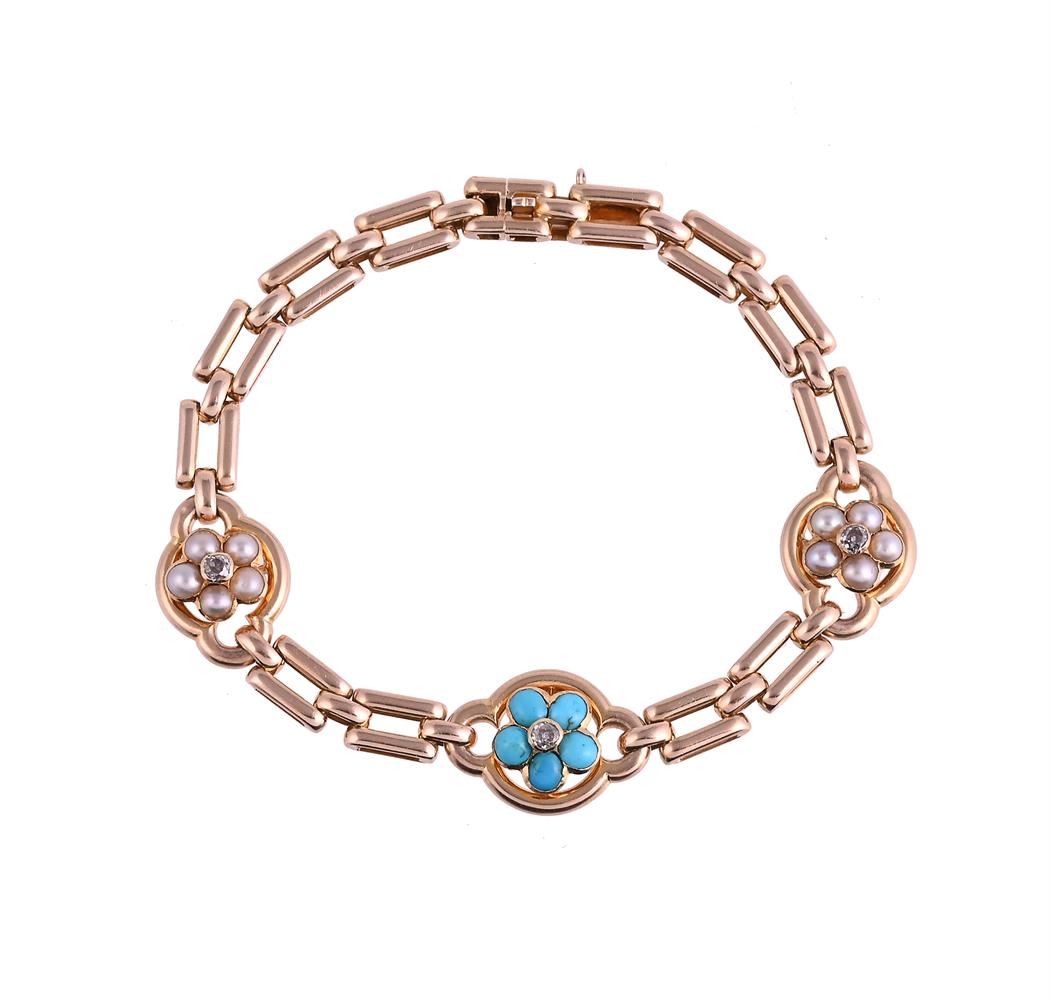 A LATE VICTORIAN DIAMOND, HALF PEARL AND TURQUOISE BRACELET CIRCA 1900
