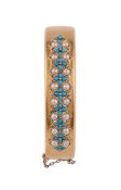 A VICTORIAN GOLD, HALF PEARL AND TURQUOISE SET BANGLE, CIRCA 1870