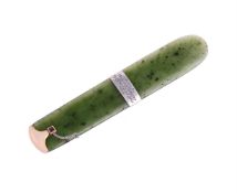 AN EARLY 20TH CENTURY NEPHRITE, ENAMEL, RUBY AND DIAMOND PAPERKNIFE