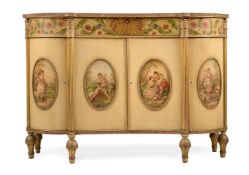 A NEOCLASSICAL POLYCHROME PAINTED SIDE CABINET, IN GEORGE III STYLE, IN THE MANNER OF MAPLE & CO