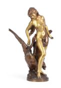AFTER MATHURIN MOREAU, A GILT AND PATINATED BRONZE FIGURE OF 'LEDA AND THE SWAN'
