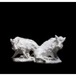 A PAIR OF DERBY WHITE PORCELAIN MODELS OF BOARS OF SO-CALLED 'DRY-EDGE' TYPE, CIRCA 1750-54