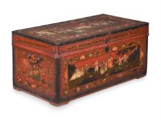 A CHINESE EXPORT LEATHER, POLYCHROME PAINTED AND CAMPHORWOOD TRUNK, LATE 18TH/EARLY 19TH CENTURY