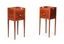 A MATCHED PAIR OF GEORGE III MAHOGANY AND BOXWOOD STRUNG BEDSIDE CUPBOARDS, CIRCA 1800