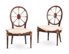 A PAIR OF GEORGE III MAHOGANY AND MARQUETRY SIDE CHAIRS, IN THE MANNER OF JOHN LINNELL, CIRCA 1780