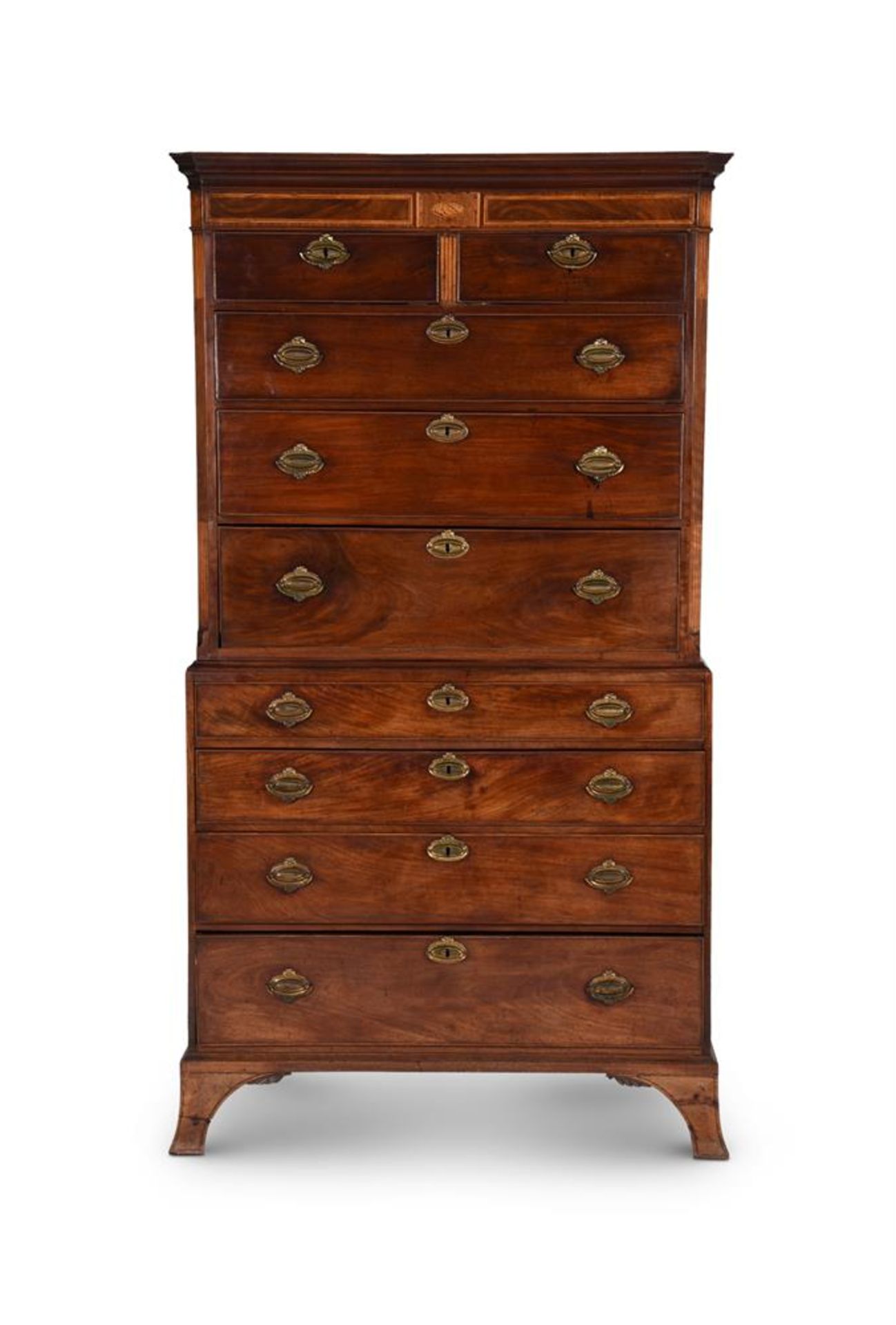 A GEORGE III FIGURED MAHOGANY AND INLAID CHEST ON CHEST, IN THE MANNER OF THOMAS SHERATON