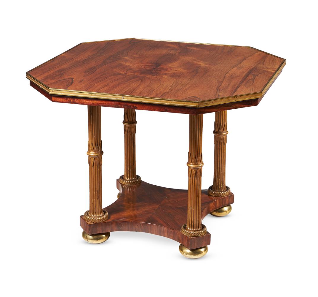 Y A REGENCY ROSEWOOD, GILT BRASS AND PARCEL GILT CENTRE TABLE, CIRCA 1820