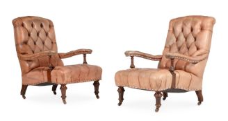 A PAIR OF VICTORIAN WALNUT AND BUTTONED LEATHER UPHOLSTERED ARMCHAIRS, IN THE MANNER OF HOLLAND & SO