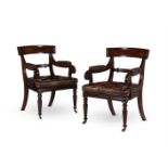 A PAIR OF MAHOGANY LIBRARY CHAIRS, IN REGENCY STYLE, AFTER DESIGNS BY GILLOWS, 20TH CENTURY