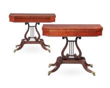Y A PAIR OF REGENCY MAHOGANY AND ROSEWOOD FOLDING CARD TABLES, CIRCA 1815