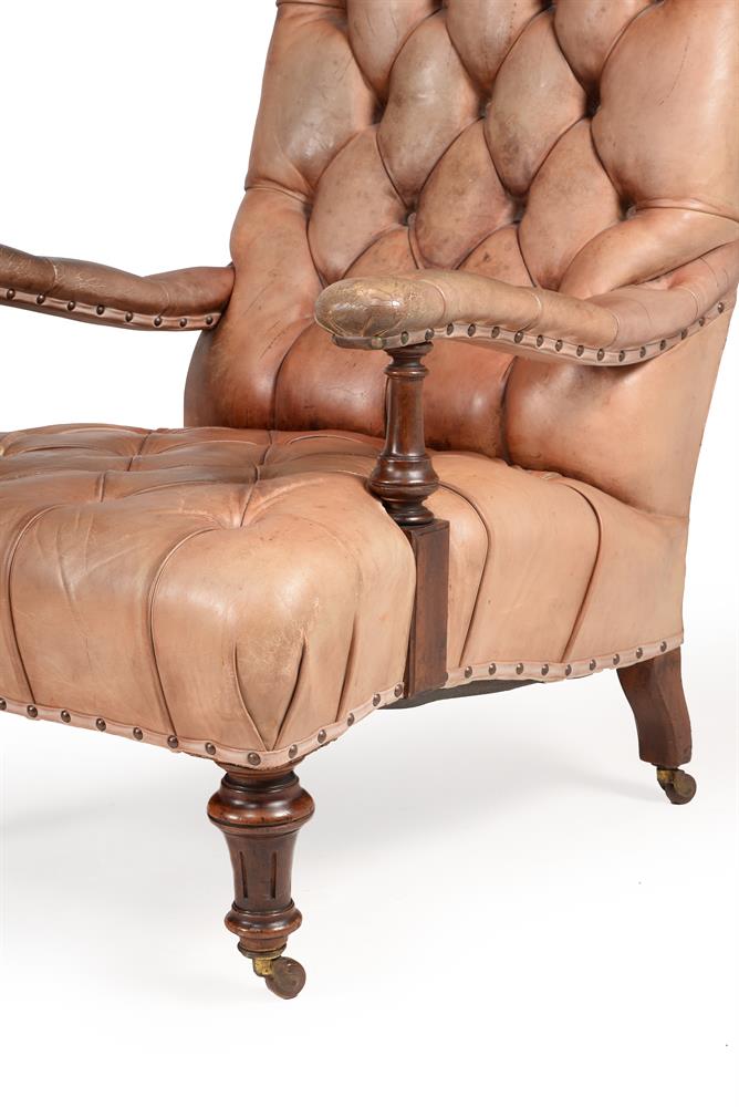 A PAIR OF VICTORIAN WALNUT AND BUTTONED LEATHER UPHOLSTERED ARMCHAIRS, IN THE MANNER OF HOLLAND & SO - Image 3 of 3