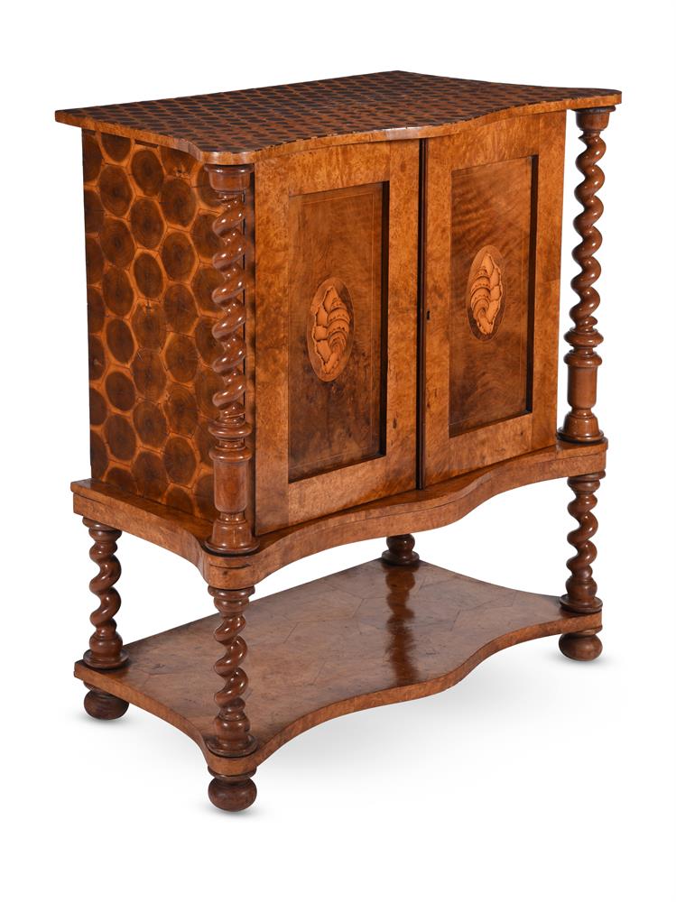 A VICTORIAN BURR WALNUT AND LABURNUM OYSTER VENERRED COLLECTORS CABINET ON STAND, CIRCA 1860 - Image 2 of 9